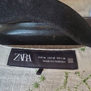 Zara Natural Linen Top with Green Embroidery